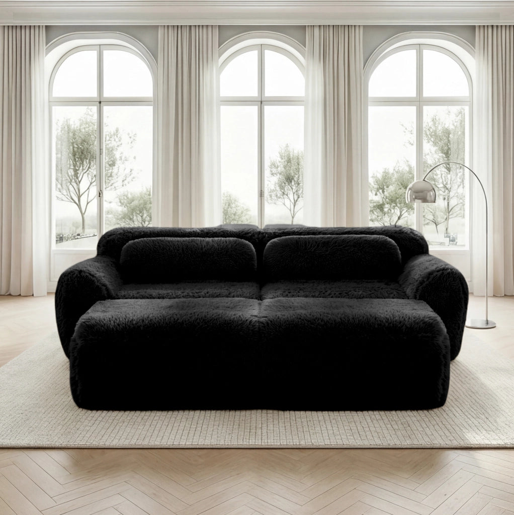 Divano modulare angolare in tessuto plush; 204x179x73 cm; nero