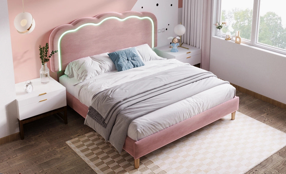 Letto imbottito matrimoniale 140x200 cm con testiera LED regolabile rosa in velluto