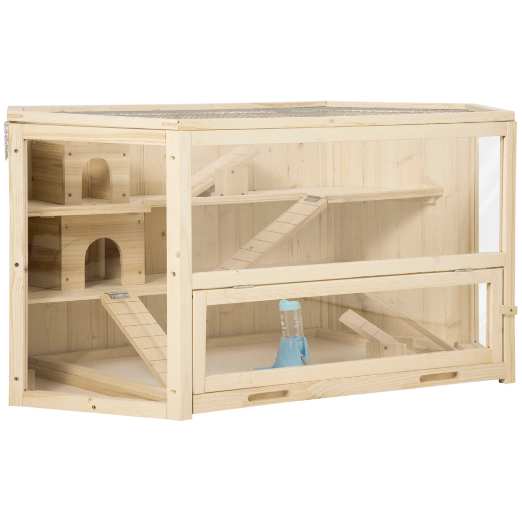 Scaffale a tre livelli con tetto apribile per piccoli animali in legno facile da pulire marrone naturale 115 × 60 × 55 cm