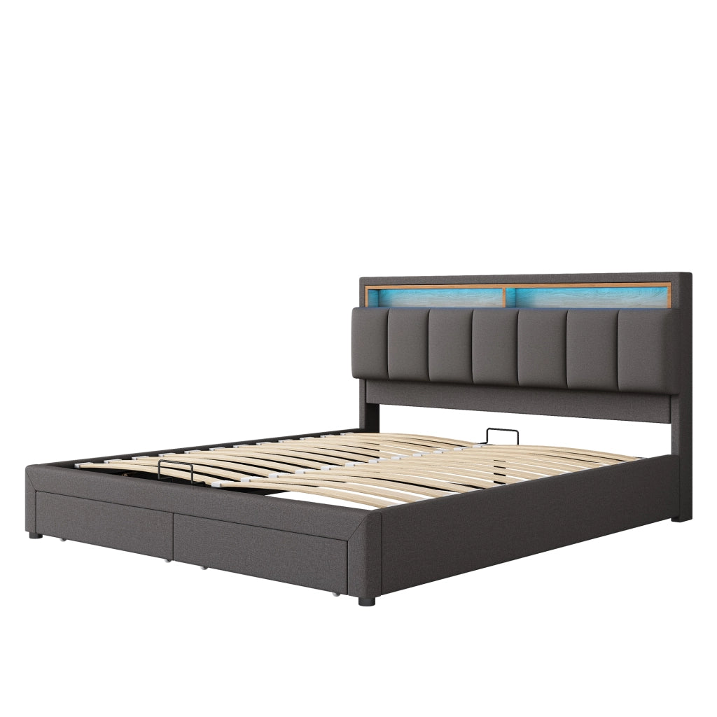 Letto imbottito 180x200 cm con LED, rete a doghe, vano contenitore e struttura in MDF e acciaio, grigio scuro