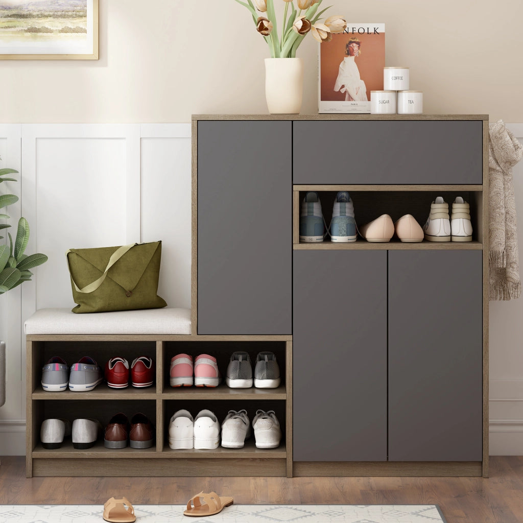 Panca portascarpe e armadio scarpe multifunzione con seduta imbottita e ripiani regolabili, grigio, 140/35/110 cm