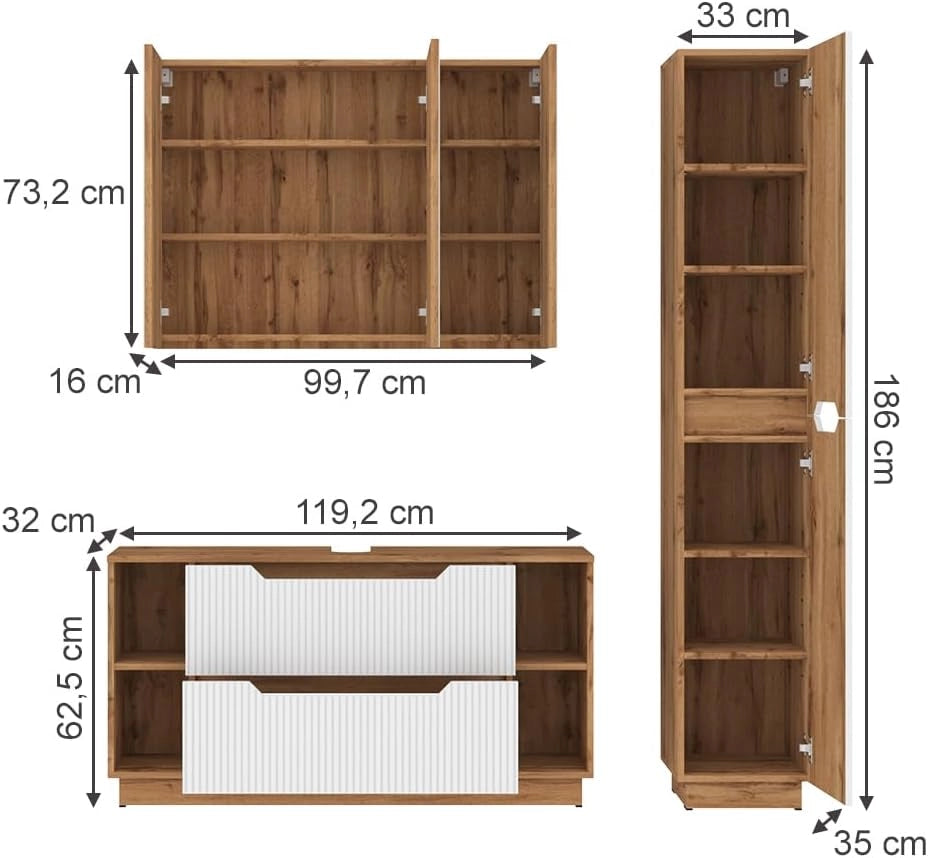 Set di mobili da bagno Lotta, Rovere/bianco a strisce, 3 parti