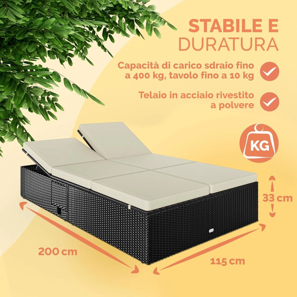 ® Lettino Doppio con Tavolino Sdraio 2 Posti Lettino Prendisole da Giardino Matrimoniale Regolabile 200x115cm