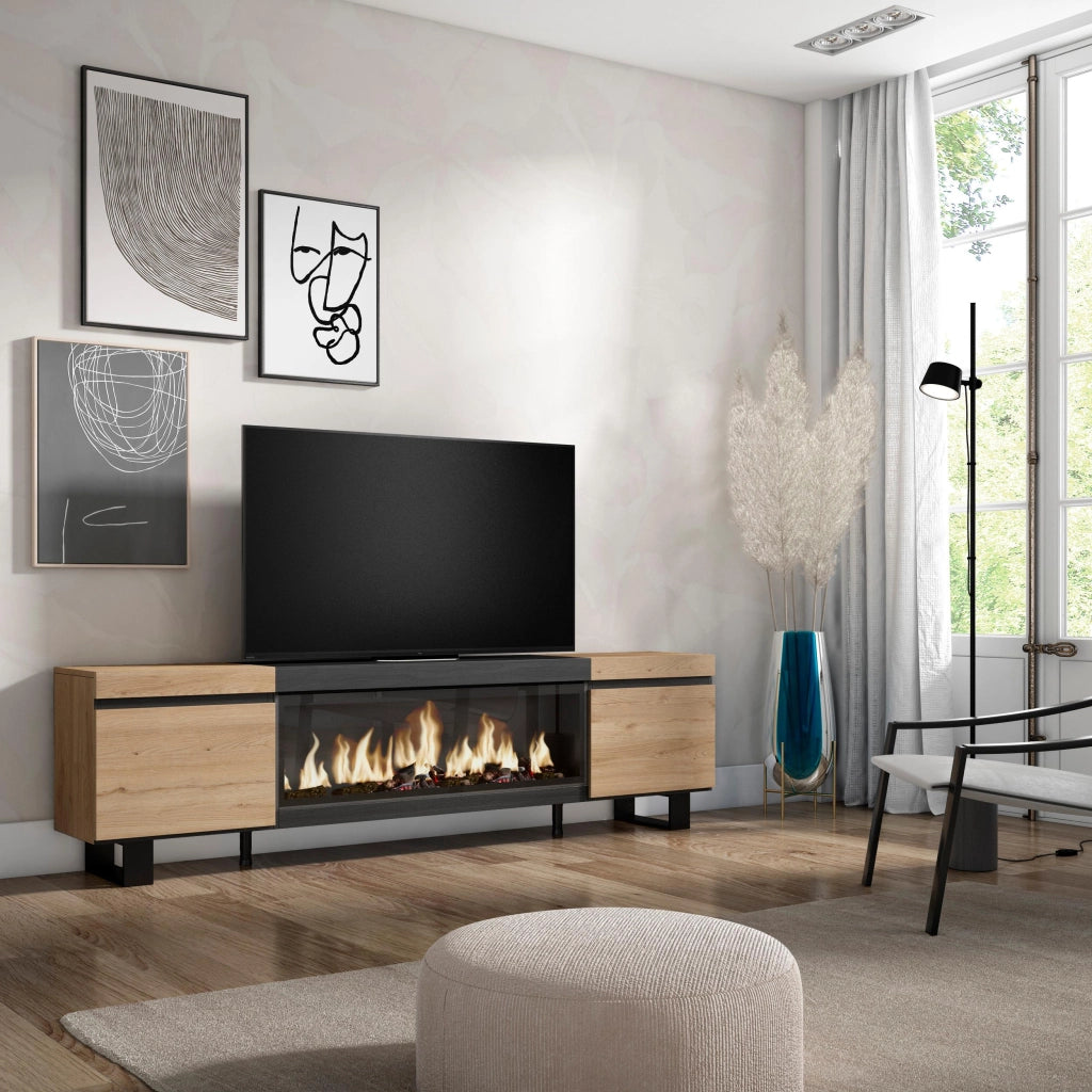 Mobile TV Soggiorno, 208x35x57cm, Per TV fino a 80", Camino elettrico XXL, Design industriale, colore Rovere e nero RF3268
