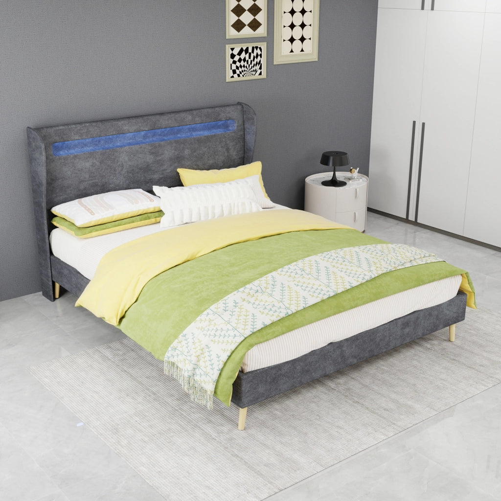 DESMIU Letto 140 × 200 cm 2 posti con LED regolabile e testiera regolabile, senza materasso, in tessuto, grigio
