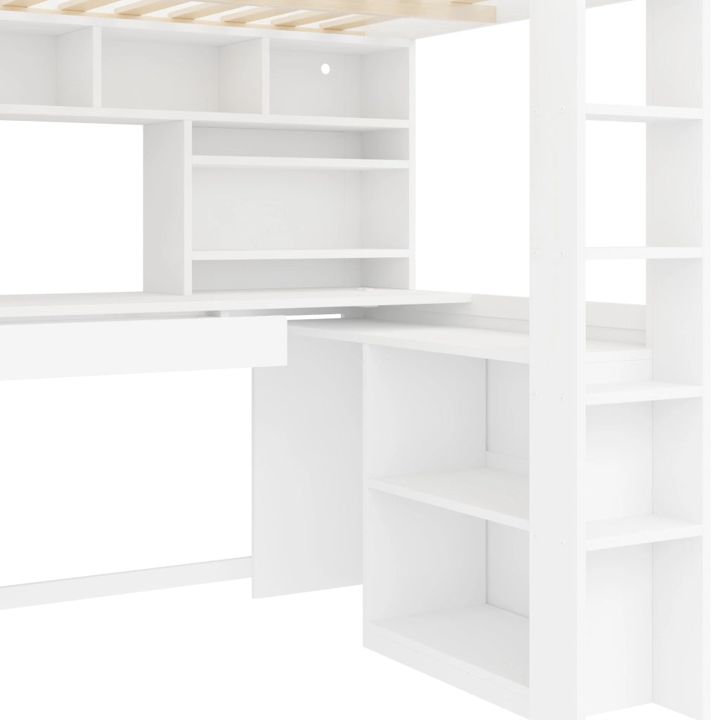 Letto a Soppalco 90x200 cm; Letto Singolo - Scrivania; Cassetto; LED - Bianco