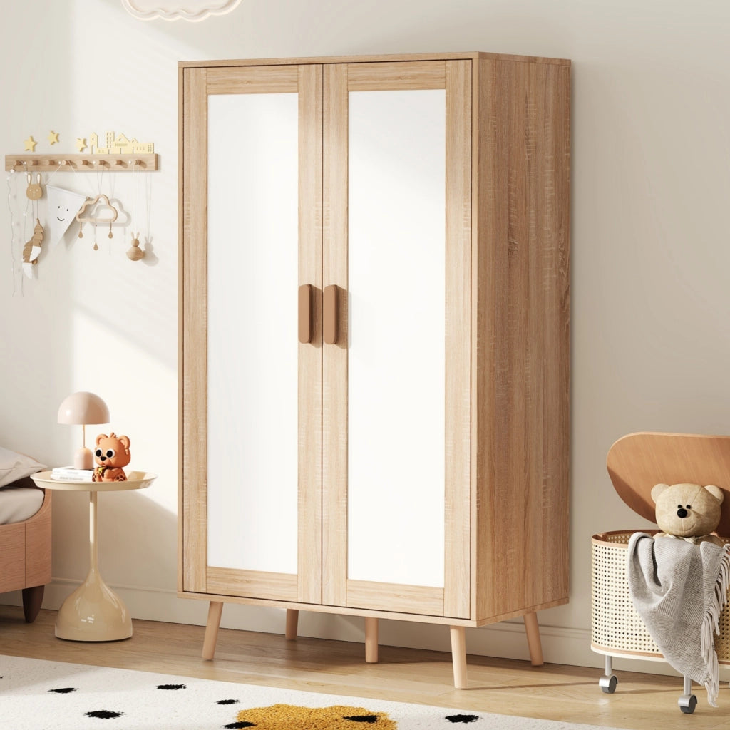 Armadio per bambini, a due ante con asta appendiabiti, 80 x 46 x 141,5 cm, bianco e color legno