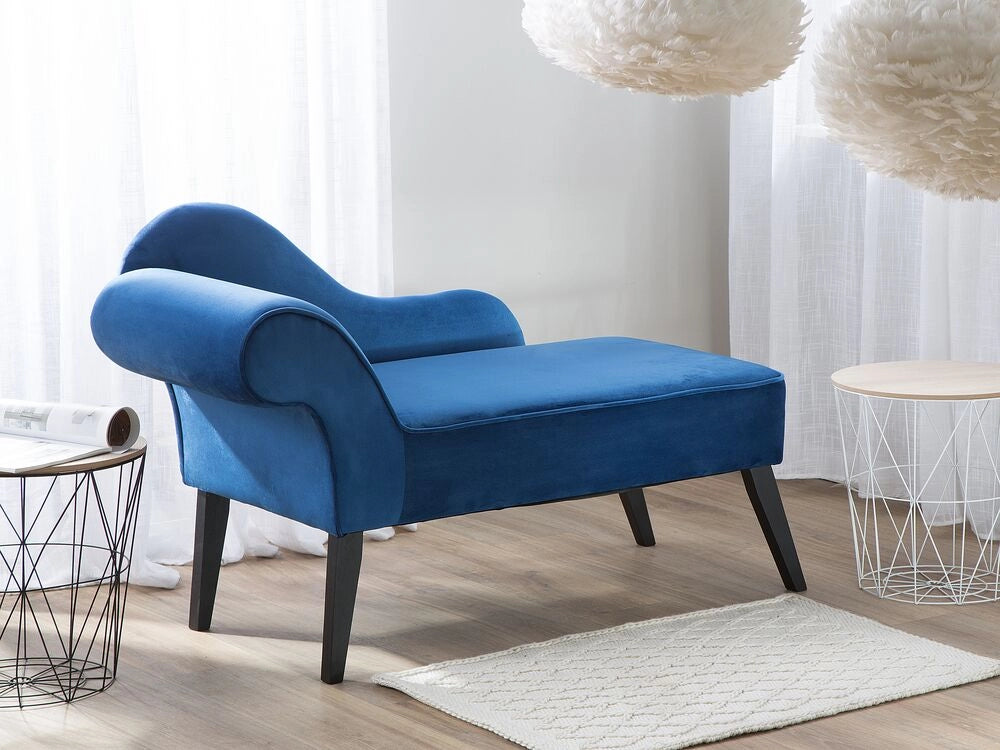 Chaise longue Blue velluto Tappezzeria Gambe in legno scuro versione sinistra Retro