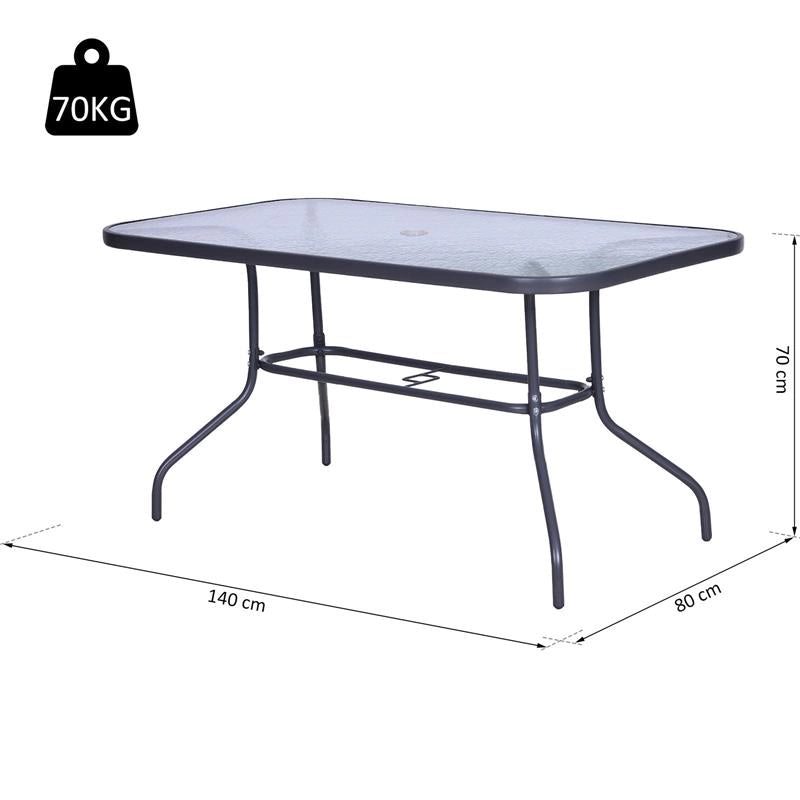 TAVOLO DA ESTERNO IN METALLO E VETRO TEMPERATO CON FORO PER OMBRELLONE 140X80X70CM