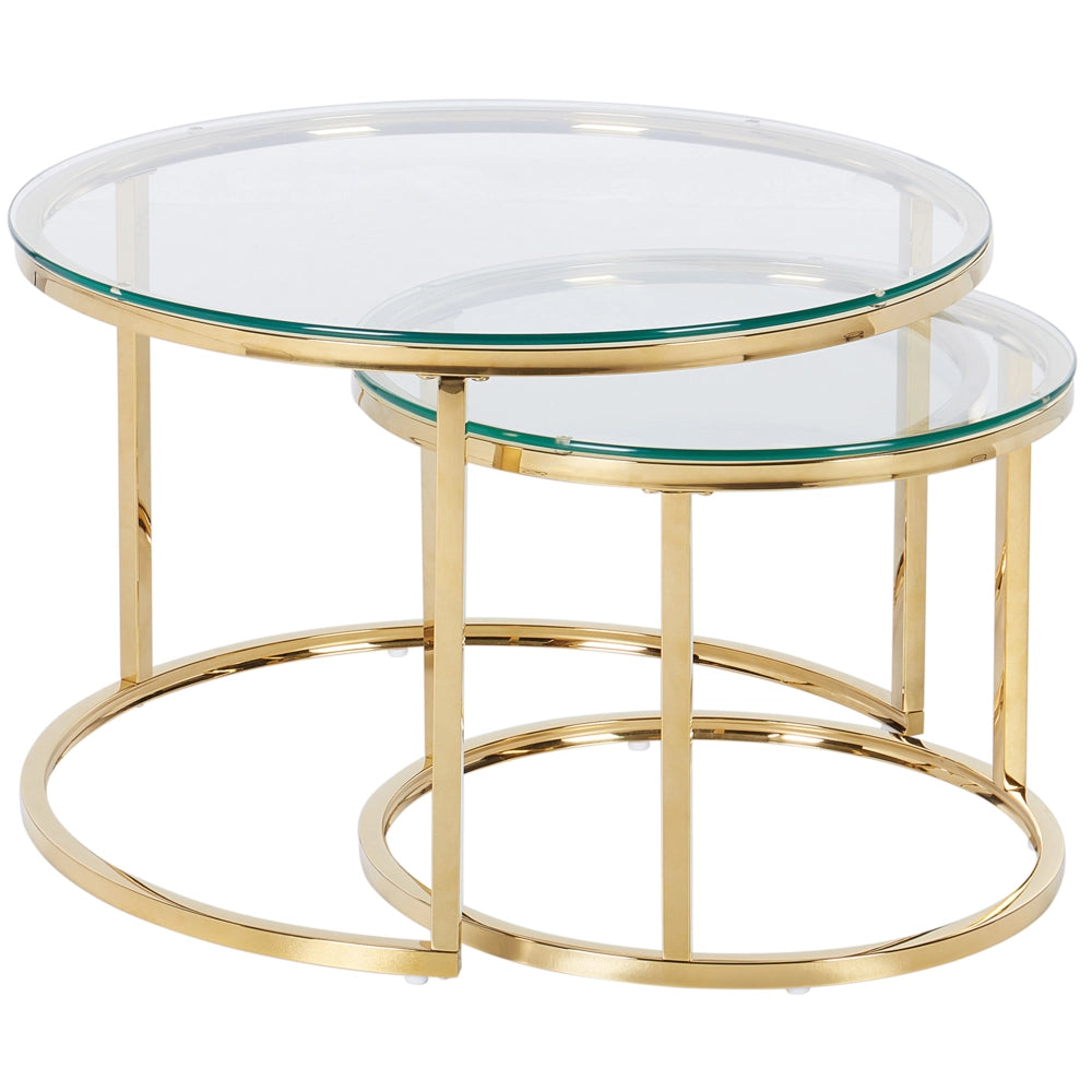 Set di 2 tavolini da caffè con piano in vetro temperato rotondo con struttura in metallo oro soggiorno glamour