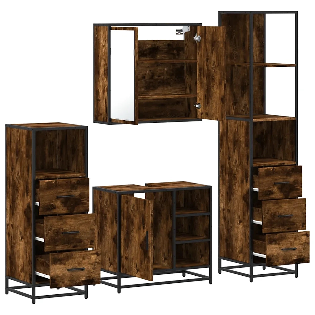 Set Mobili da Bagno 4 pz Rovere Fumo in Legno Multistrato