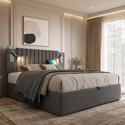 Letto matrimoniale 140x200 cm con contenitore; testiera regolabile; luce da lettura e porte USB; grigio