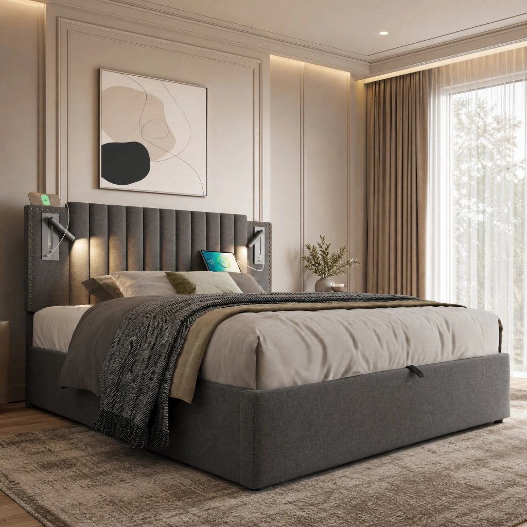 Letto matrimoniale 140x200 cm con contenitore; testiera regolabile; luce da lettura e porte USB; grigio
