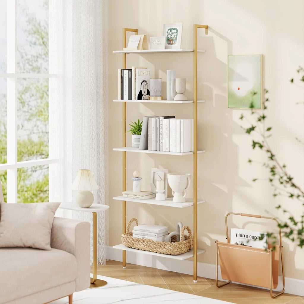 Scaffale a Scala a 5 Ripiani, Libreria da Parete Salvaspazio in Legno Moderno, Scaffale Portaoggetti per Soggiorno, Studio e Camera da Letto, 64 × 30 × 178 cm, Bianco