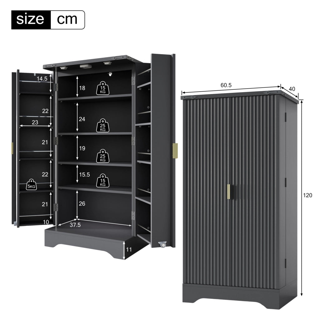 Mobile dispensa alto nero 120 x 60;5 x 40 cm in MDF con luce LED sensore e ripiani regolabili
