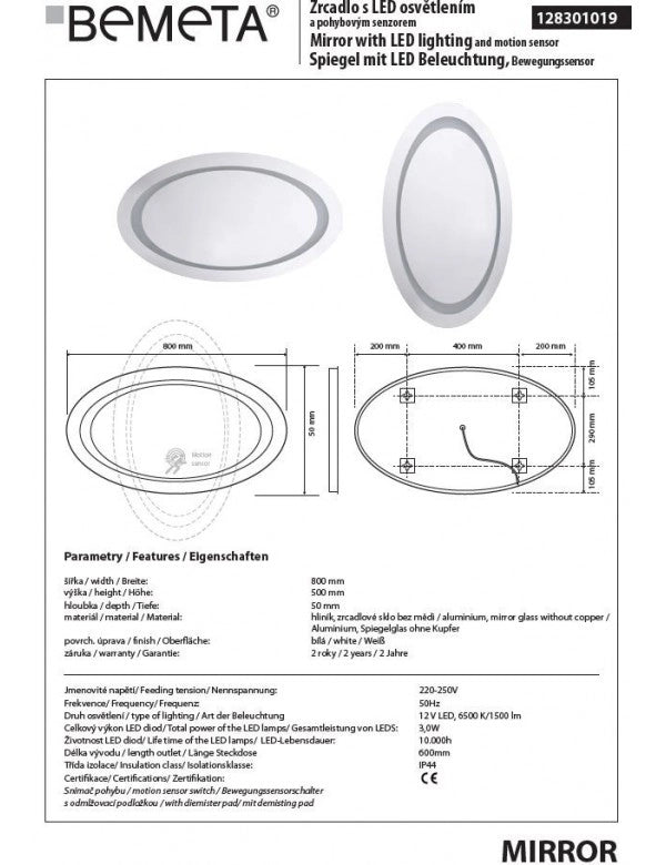 Specchio ovale 80x50 cm con luce LED e sensore di movimento