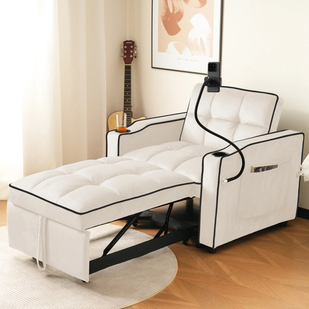 Divano letto singolo 3 in 1 estraibile con portabicchieri e porta telefono; beige 83x167x76 cm