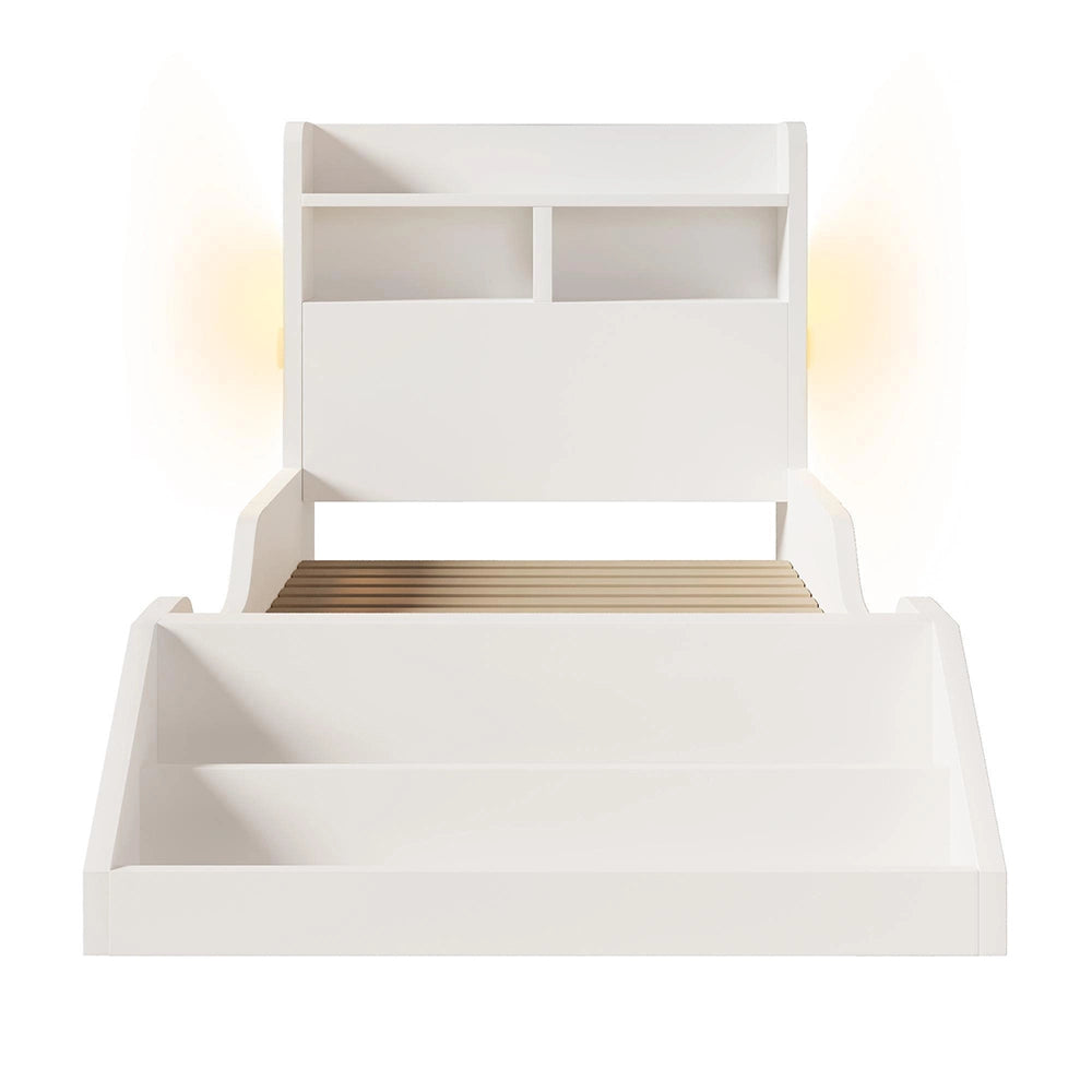 Letto legno-Xylo-90x200cm ripiani luci biblioteca bianco senza materasso