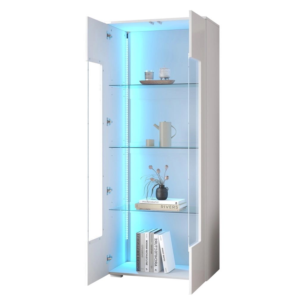 Vetrina con 2 ante in acrilico, ripiani in vetro temperato e LED app, per soggiorno, bianca, 70 × 40 × 173 cm
