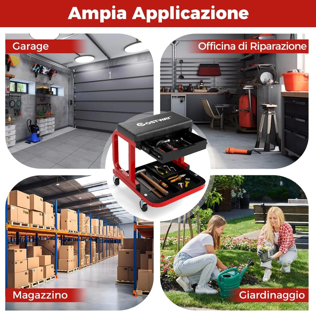 COSTWAY Sgabello da Officina con Ruote, Sedia Meccanico Imbottita con Cassetto e Vassoio Portautensili, capacità di 185 kg, per Riparazione Auto, per Garage e Officina (Nero)