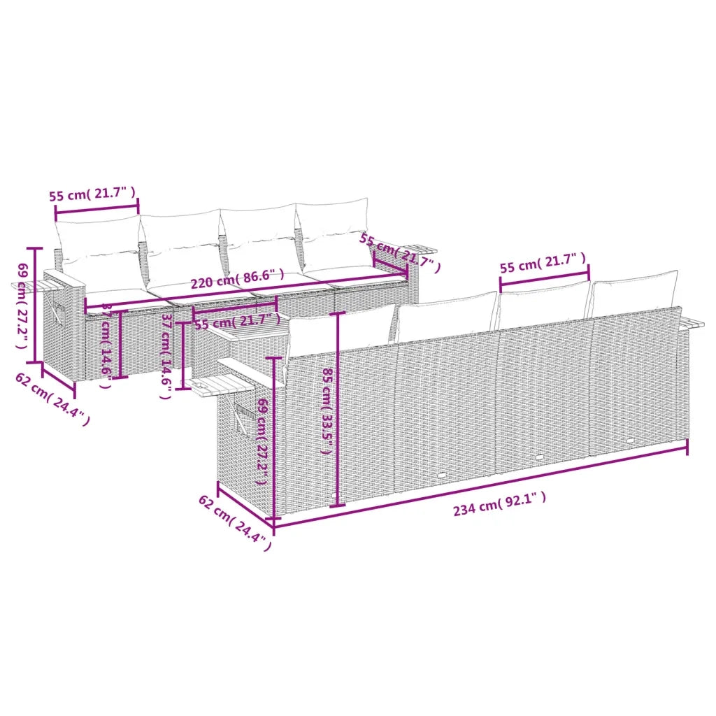 Set Divano da Giardino 9 pz con Cuscini Beige in Polyrattan 3226661