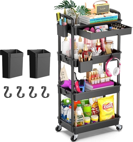 Carrello di Stoccaggio con Caricatore - Organizzatore Multifunzionale a 4 Livelli - Nero