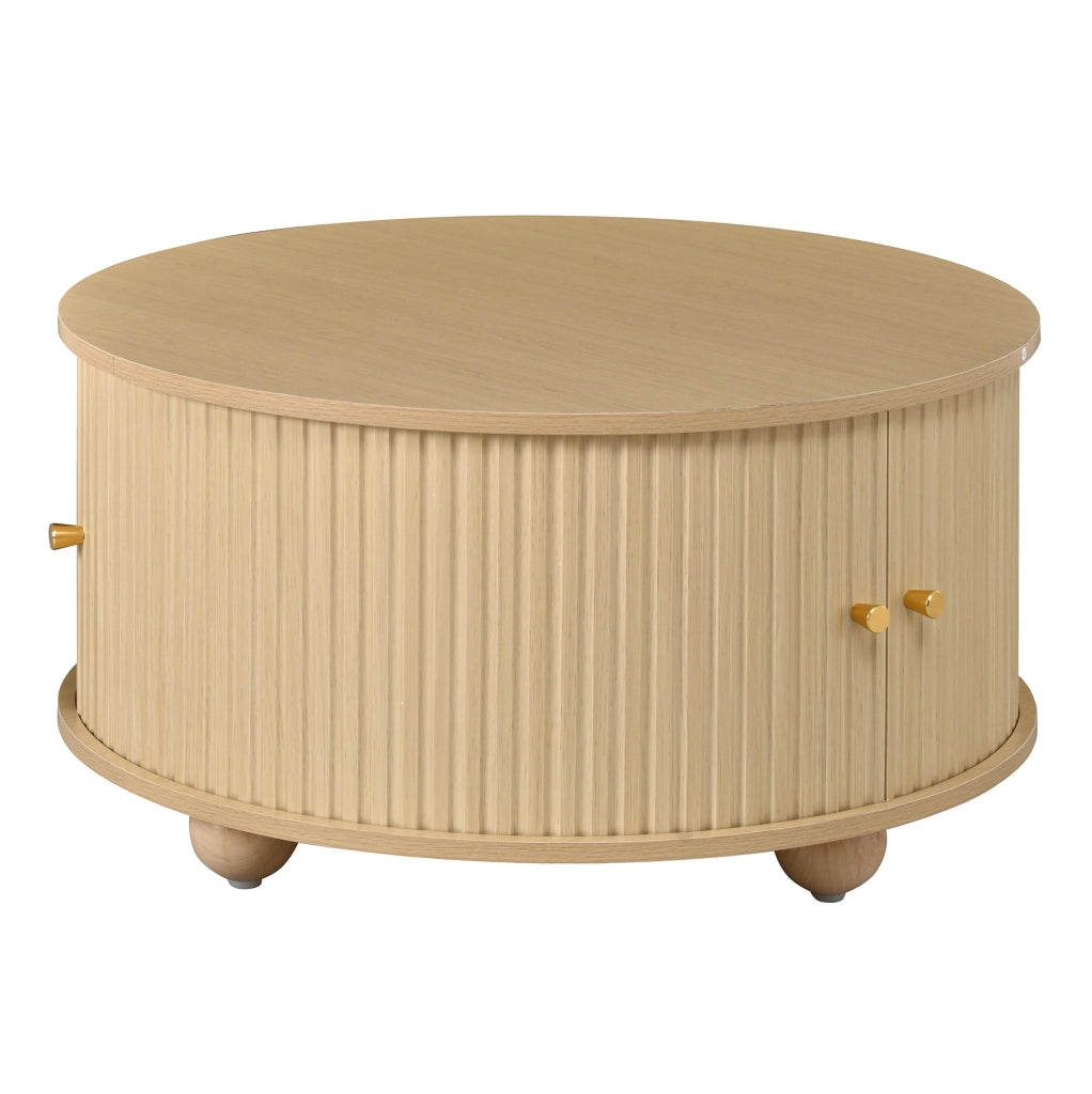 Tavolino da salotto rotondo 72x72x38 cm con due ante scorrevoli in MDF naturale