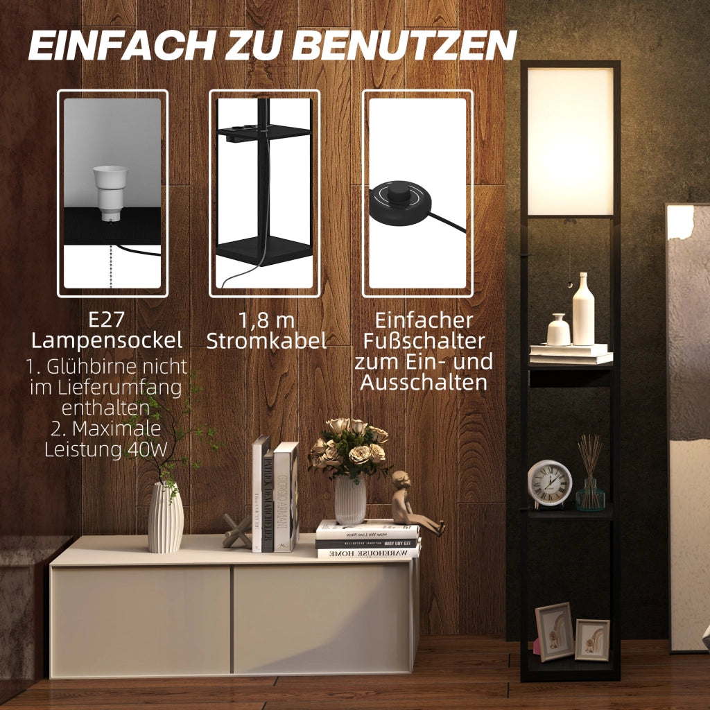 Lampada da terra con scaffale 3 livelli, interruttore a pedale, porte USB ¨C zephmum ¨C MDF, nero