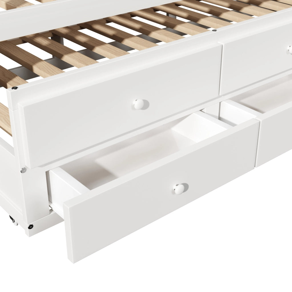 Letto singolo con letto estraibile e 3 cassetti 90x200 cm in legno di pino e MDF bianco