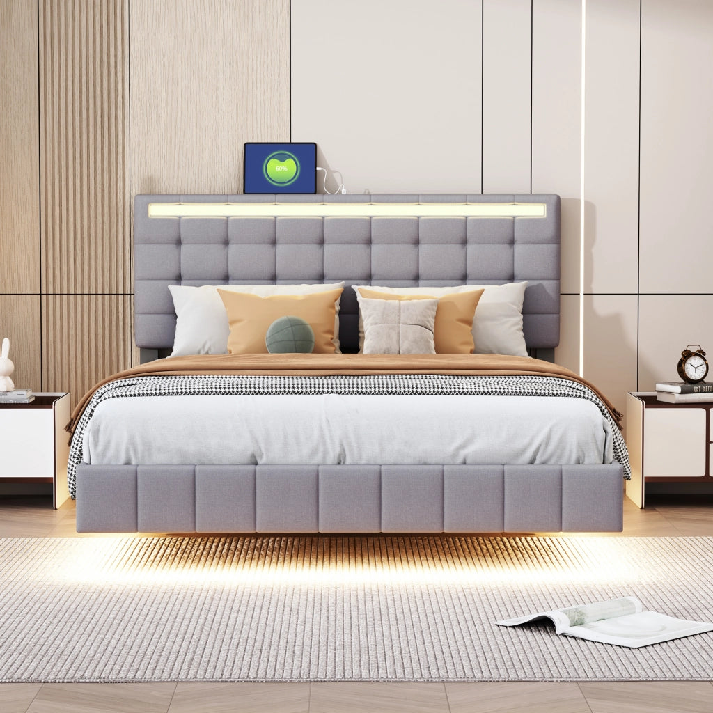 OKWISH Letto Imbottito 140×200 cm, Letto Matrimoniale con Piedini Nascosti, LED Regolabile e Testiera, senza Materasso, Grigio