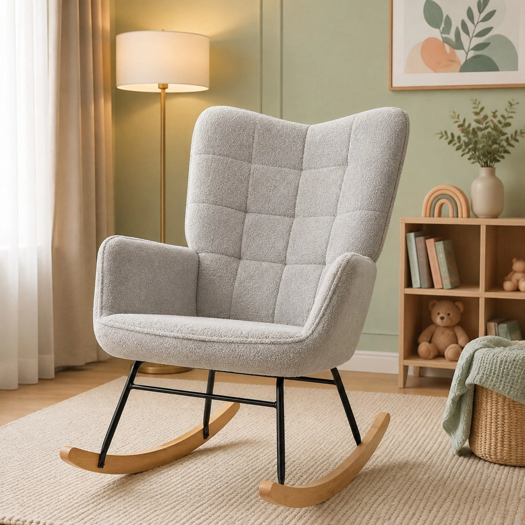 Poltrona a dondolo 71x92x101 cm con schienale alto; imbottita in poliestere grigio chiaro