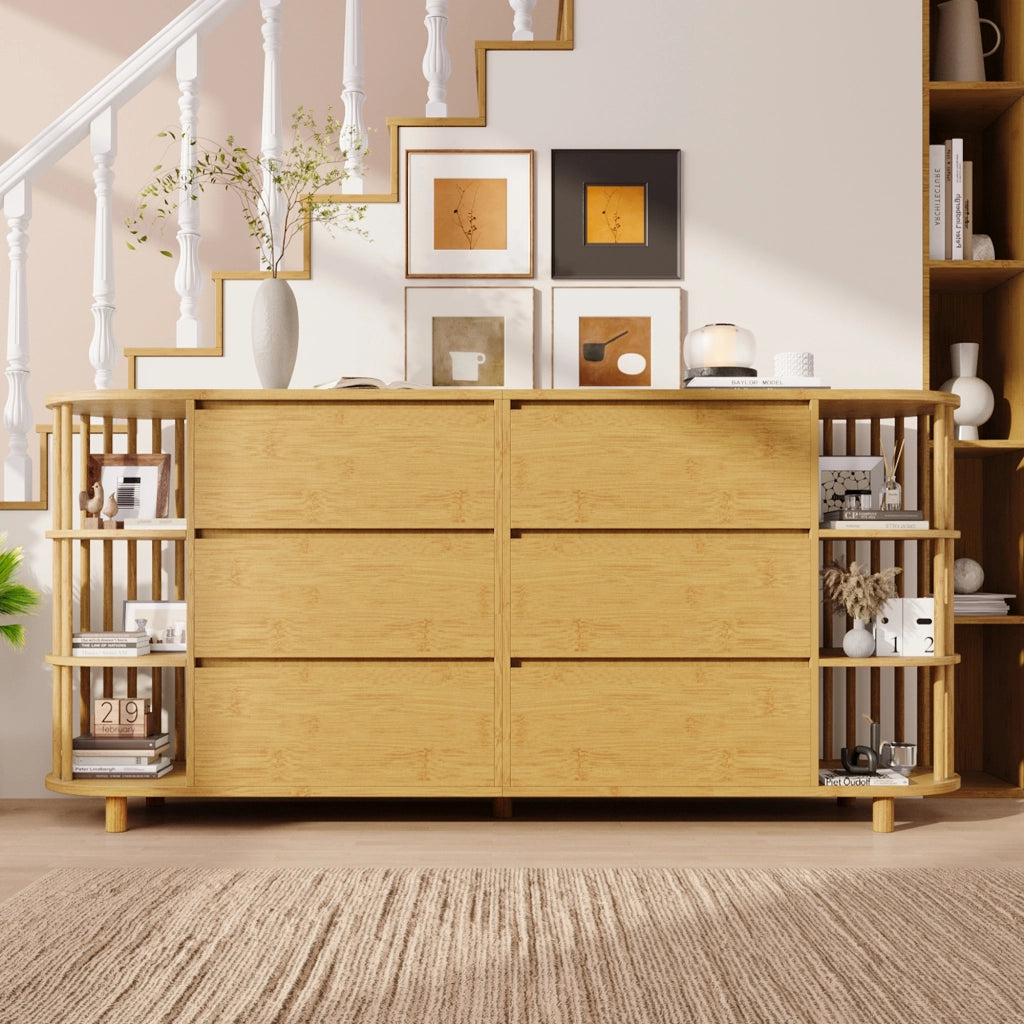 OKWISH Credenza Retrò con 6 Cassetti e Ripiani Aperti, Piedini Regolabili, per Soggiorno, MDF e Bambù, Rovere, 160 x 40 x 75 cm