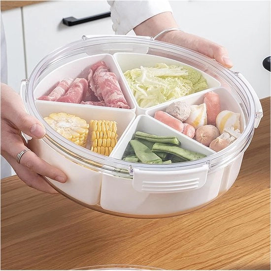 piatto di servizio rotondo in plastica con coperchio, contenitore per la conservazione degli alimenti a 5 portate individuali, cassetta per snack con scomparti, vassoio per snack, frutta e verdure, snack box con cassetti