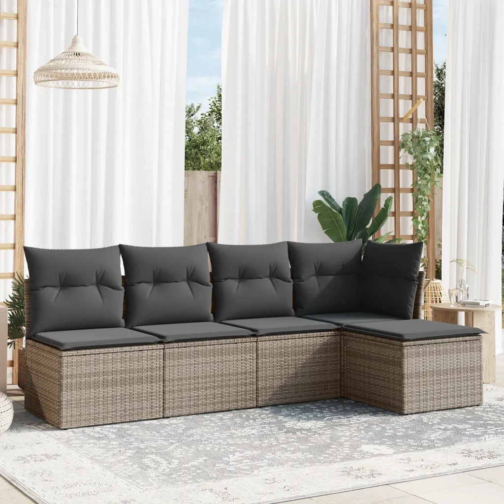 Set Divano da Giardino 5 pz | Set Salotto da Giardino con Cuscini Grigio in Polyrattan