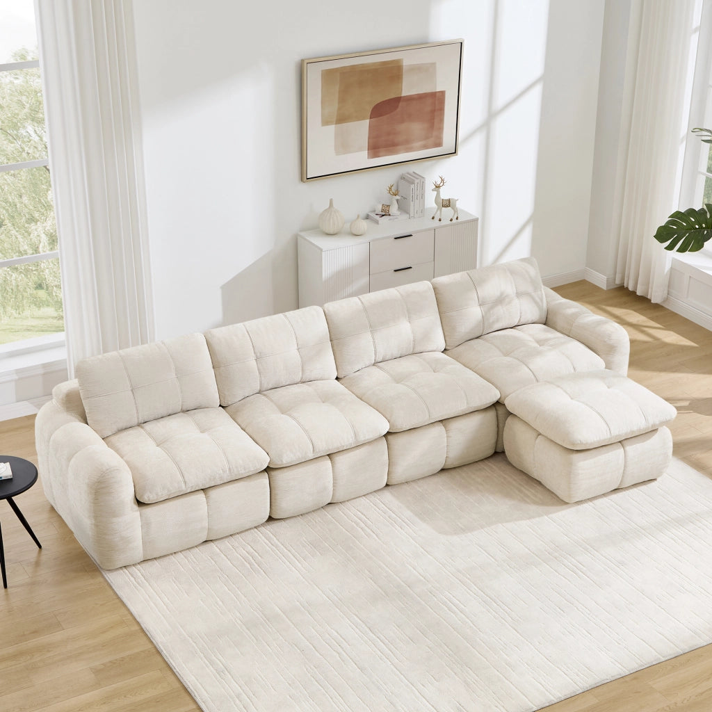 Divano angolare modulare 4 posti con seduta ampia e profonda in chenille beige senza montaggio 334 × 160 × 68 cm