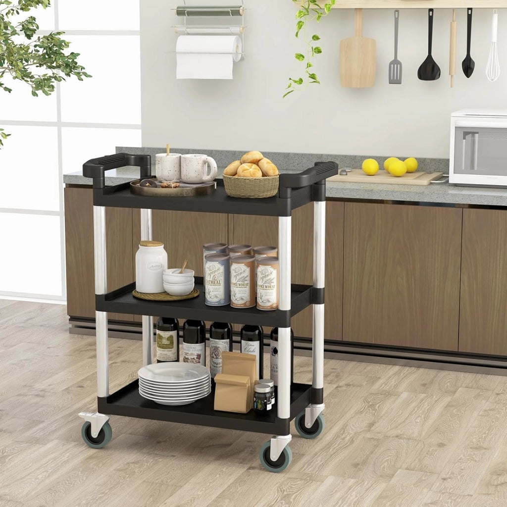 Carrello Portautensili Attrezzi a 3 Livelli, Carrello di Servizio da Officino con Rutoe Bloccabili, Doppie Maniglie e Struttura Robusta in Alluminio, Portata 225kg, per Magazzino e Cucina