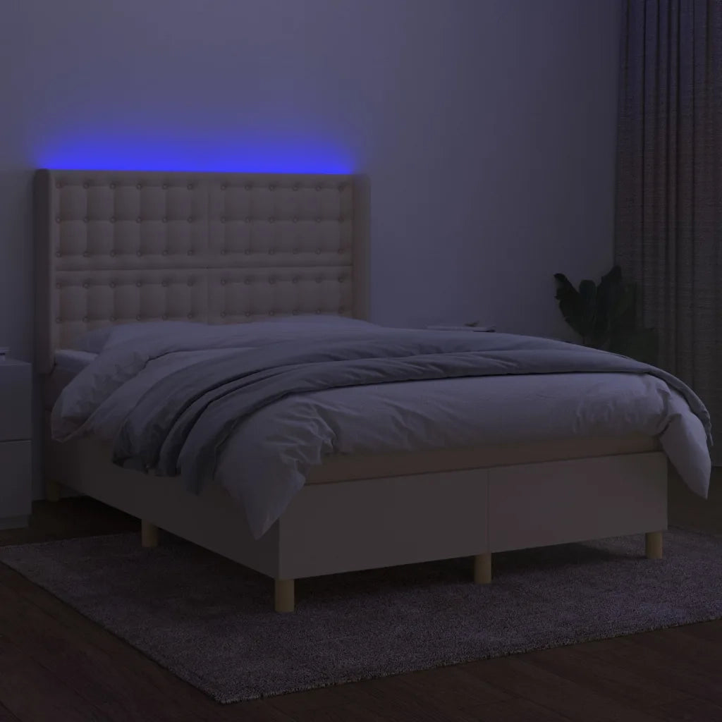 Letto a Molle con Materasso e LED Crema 140x190 cm in Tessuto