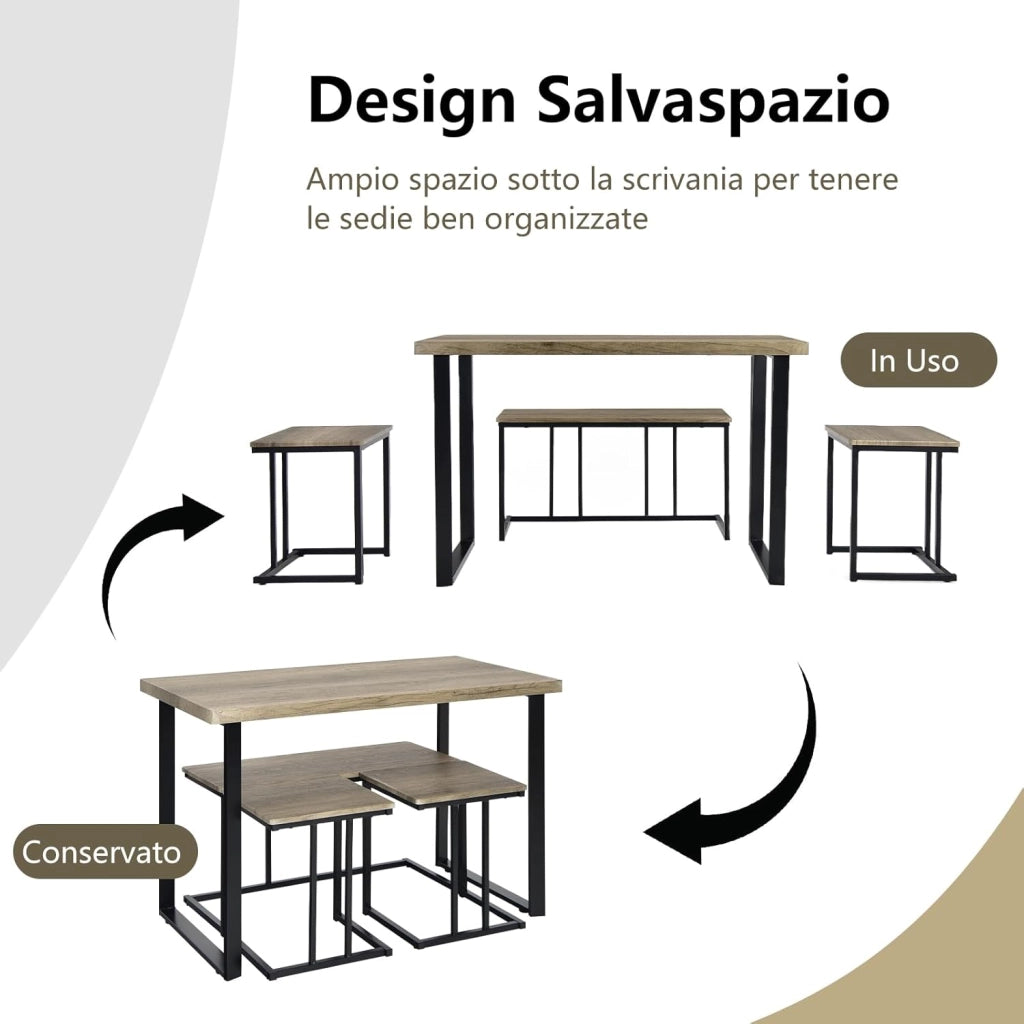 Set di Tavolo da Pranzo da 4 Pezzi, Tavolo da Cucina con Panca e 2 Sgabelli, Set di Mobili Salvaspazio con Struttura in Metallo per Cucina, Sala da Pranzo e Ristorante