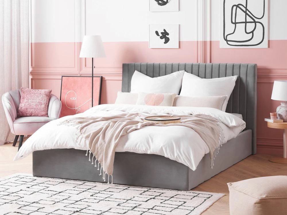 Letto con contenitore velluto grigio 160 x 200 cm Testata imbottita