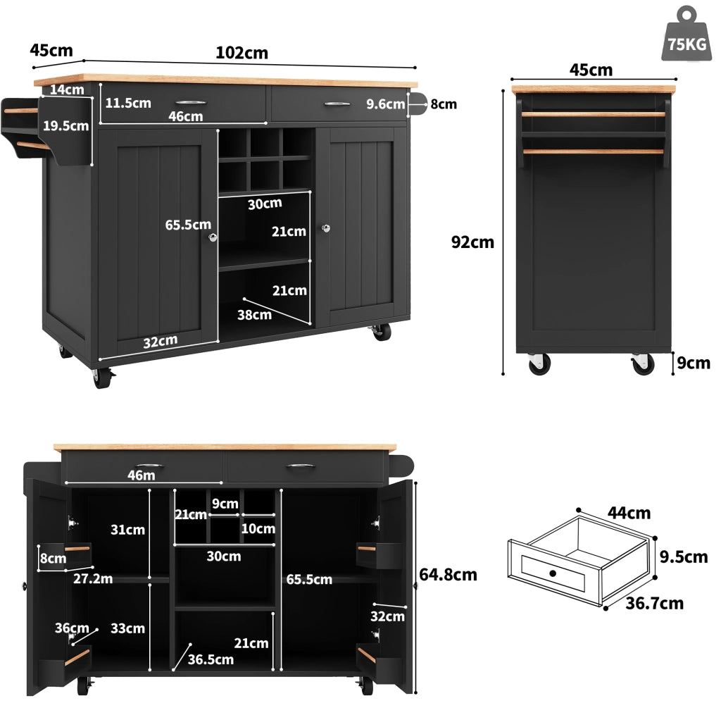 Isola da cucina mobile con portabottiglie, nera, 102×45×92 cm