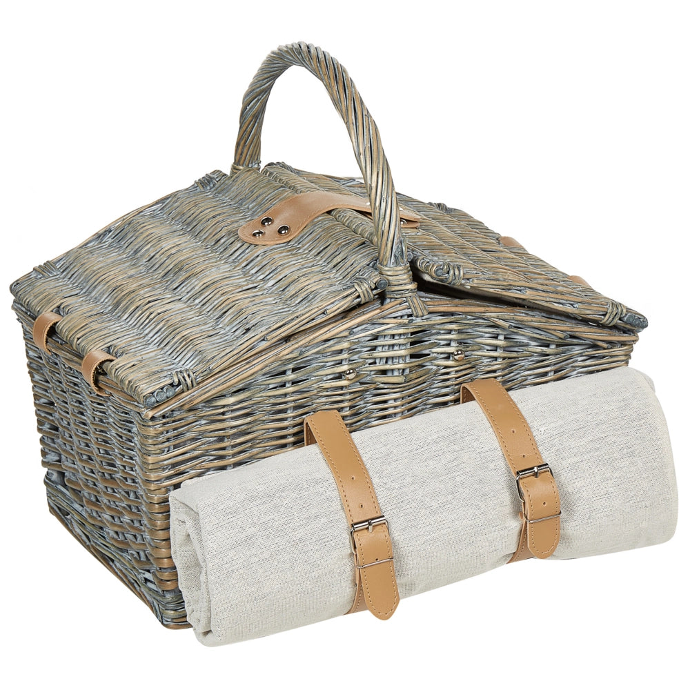 Cesto da picnic per 4 persone in vimini naturale e grigio con set di posate, piatti, bicchieri da vino e borsa termica con cavatappi Coperta inclusa Finitura