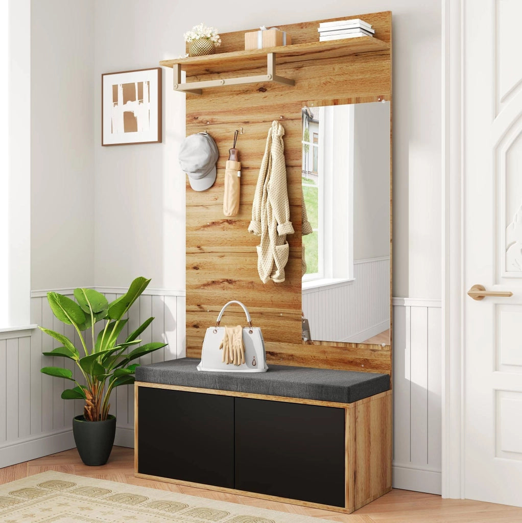 Mobile ingresso compatto con specchio; seduta imbottita e scarpiera; 110 x 38 x 190 cm; nero effetto legno