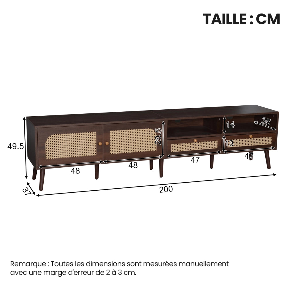 Mobile TV con 2 Ante in Rattan e 2 Cassetti; 8 Piedi; Stile Moderno; Soggiorno; in Pannello Truciolare; Marrone; 200??37??49;5 cm