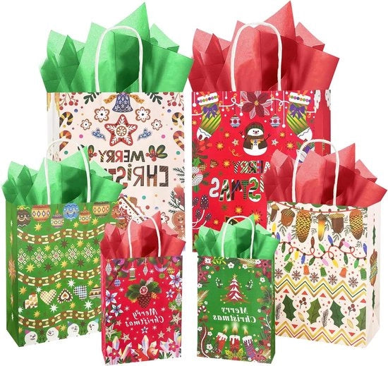 Regali di Natale 30 pezzi con maniglie in carta - 6 disegni, diverse misure (10 grandi 31 cm, 10 medi 27 cm, 10 piccoli 21 cm)