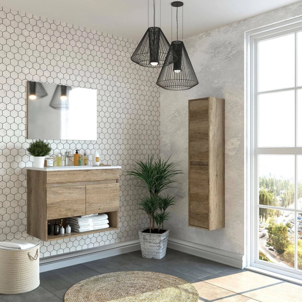 Mobile sottolavabo Enio, Mobiletto per bagno a 2 ante, Armadietto sospeso con ripiano e specchio, lavabo non incluso, cm 80x45h64, Quercia