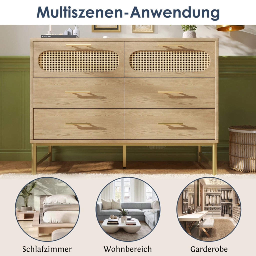 OKWISH Cassettiera Effetto Rattan con 6 Cassetti, Piedini in Metallo Regolabili e Dispositivo Antiribaltamento, 120 × 40 × 74 cm
