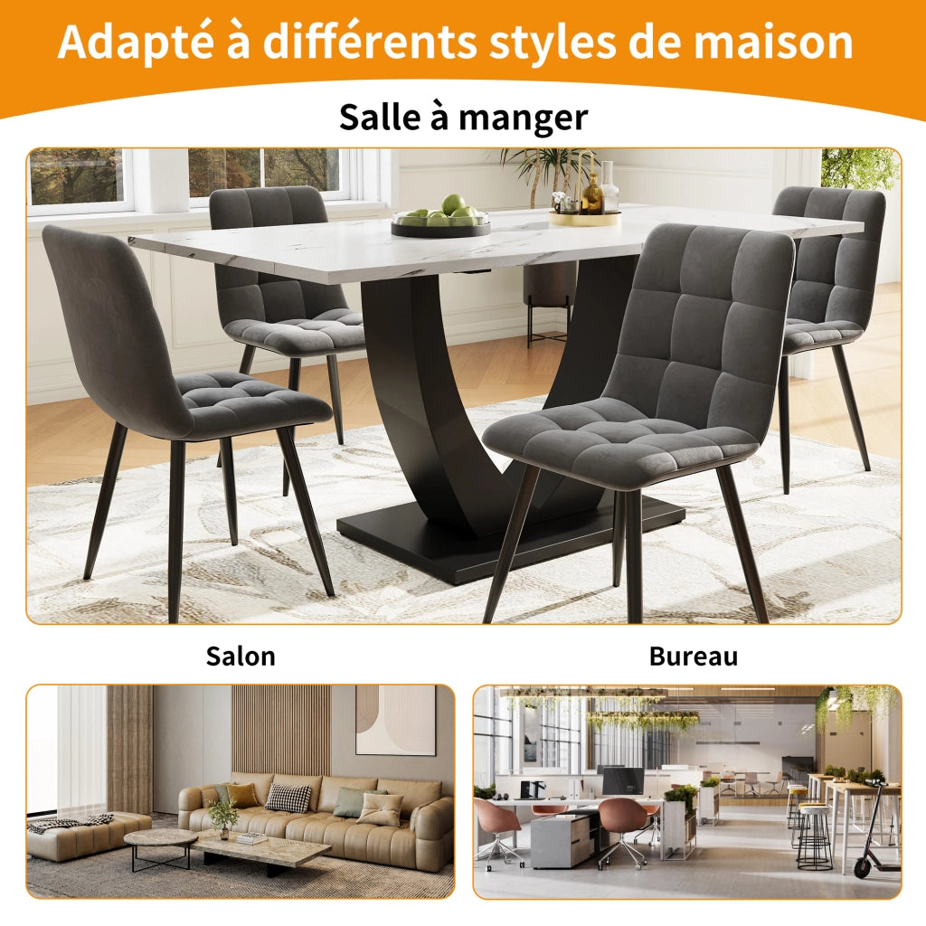 Tavolo da pranzo con piano effetto marmo, struttura in MDF e metallo, per cucina e soggiorno, bianco nero, 140 × 75 × 75,5 cm