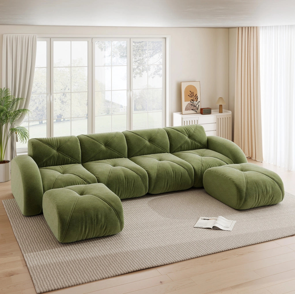 Divano modulare senza braccioli in chenille verde; 358x171x76 cm; con schiuma 32D
