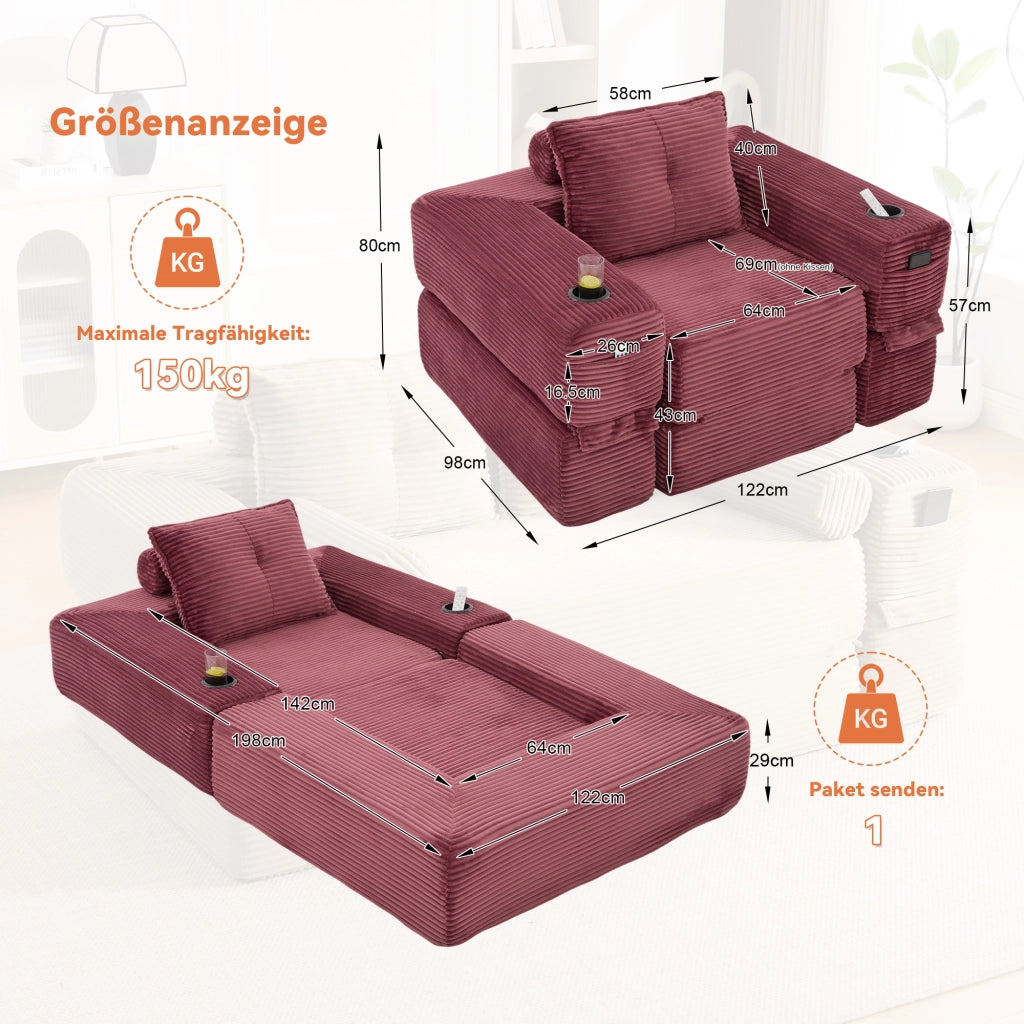 Divano letto modulare con tasche laterali e portabicchieri in velluto a coste rosso vino 122 × 98 × 80 cm