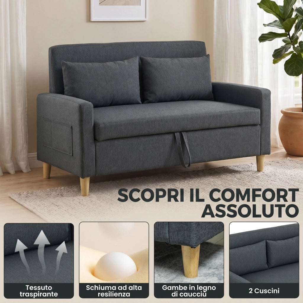 Divano 2 Posti 135x72x84 cm con Spazio Portaoggetti e Cuscini in Tessuto Effetto Lino e Legno Grigio Scuro